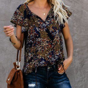Multicolor V-neck Short Sleeve Flutter Sleeve Blouse